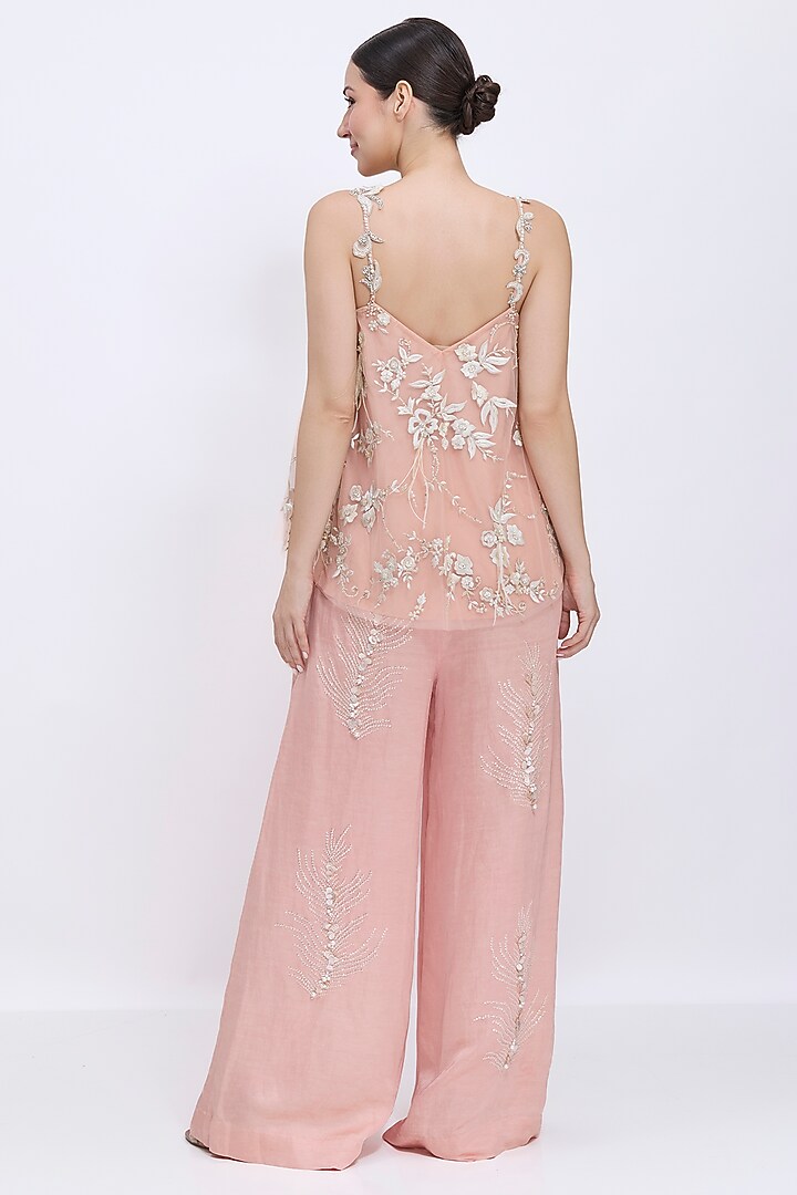 Dusty Pink Net & Polyester Satin Hand Embroidered Camisole by Dilnaz Karbhary at Pernia's Pop Up Shop