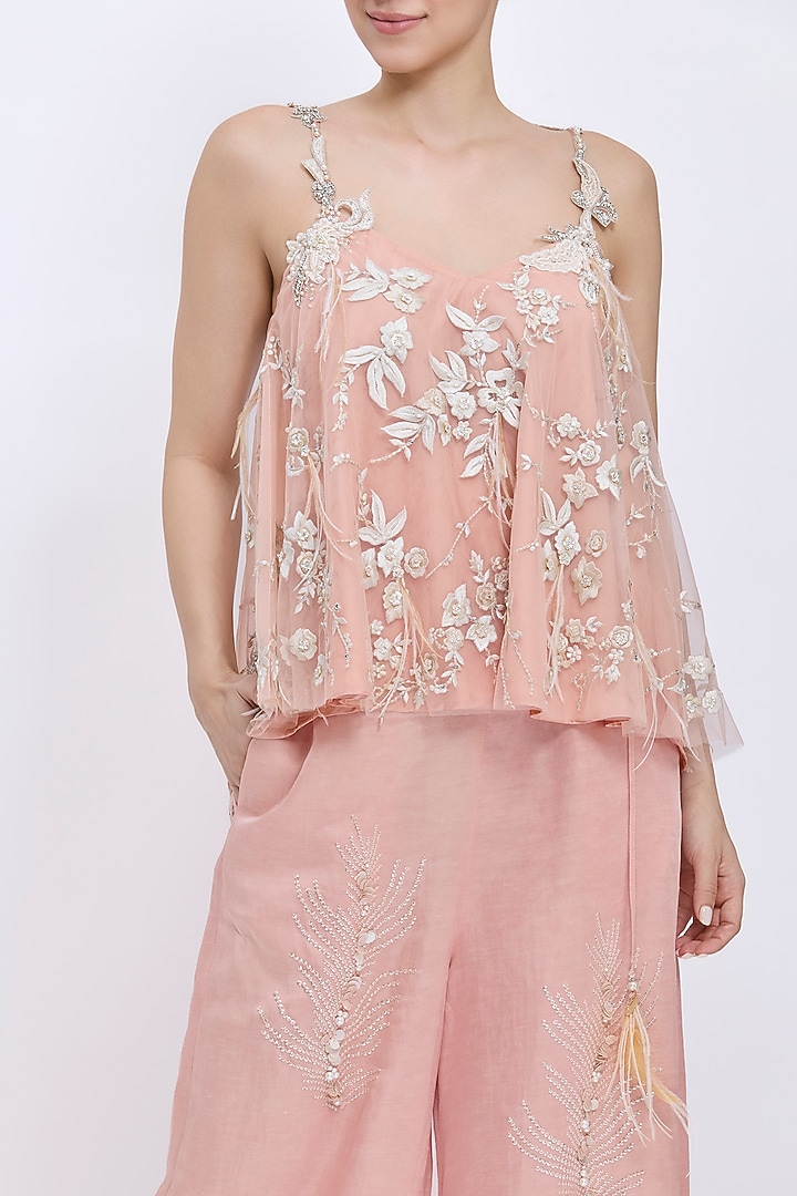 Dusty Pink Net & Polyester Satin Hand Embroidered Camisole by Dilnaz Karbhary at Pernia's Pop Up Shop
