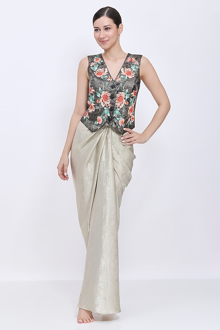 Black Foil & Polyester Jacquard Machine Embroidered Waistcoat by Dilnaz Karbhary at Pernia's Pop Up Shop