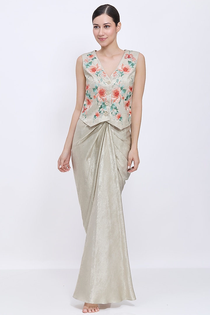 Gold Foil & Polyester Jacquard Machine Embroidered Waistcoat by Dilnaz Karbhary at Pernia's Pop Up Shop