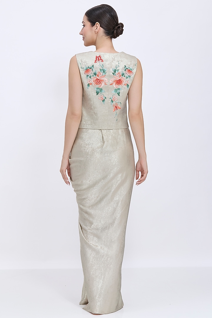 Gold Foil & Polyester Jacquard Machine Embroidered Waistcoat by Dilnaz Karbhary at Pernia's Pop Up Shop