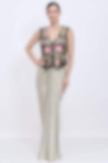 Black Foil & Polyester Jacquard Embroidered Waistcoat by Dilnaz Karbhary at Pernia's Pop Up Shop
