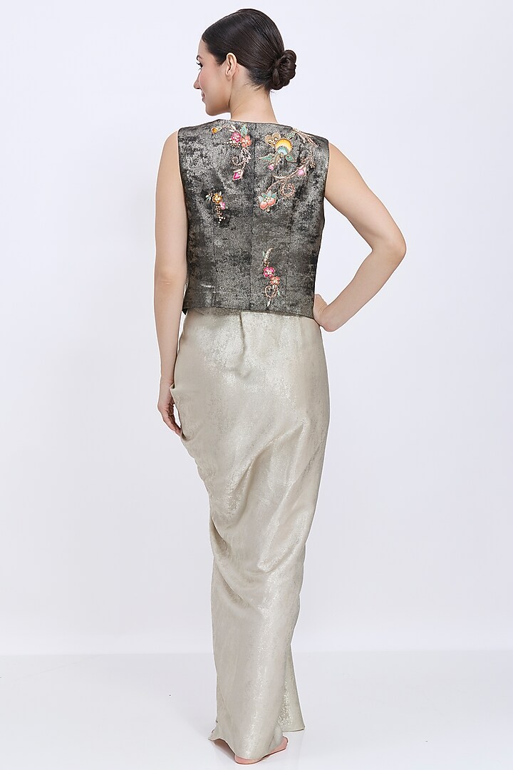 Black Foil & Polyester Jacquard Embroidered Waistcoat by Dilnaz Karbhary at Pernia's Pop Up Shop
