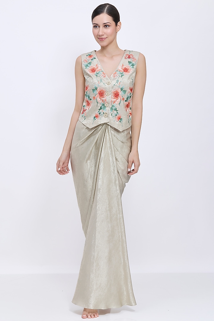 Gold Foil Draped Wrap Skirt Set by Dilnaz Karbhary at Pernia's Pop Up Shop