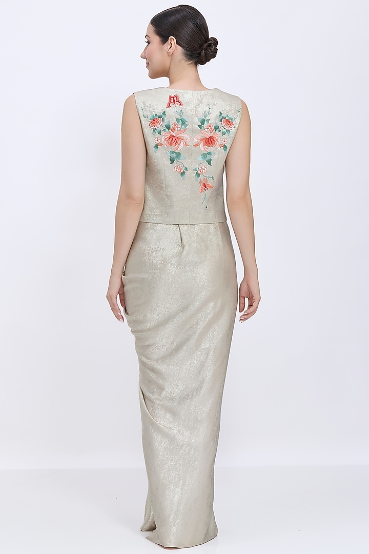 Gold Foil Draped Wrap Skirt Set by Dilnaz Karbhary at Pernia's Pop Up Shop