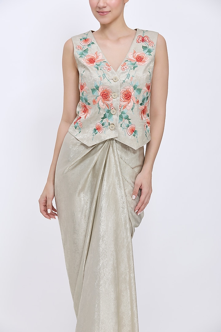 Gold Foil Draped Wrap Skirt Set by Dilnaz Karbhary at Pernia's Pop Up Shop