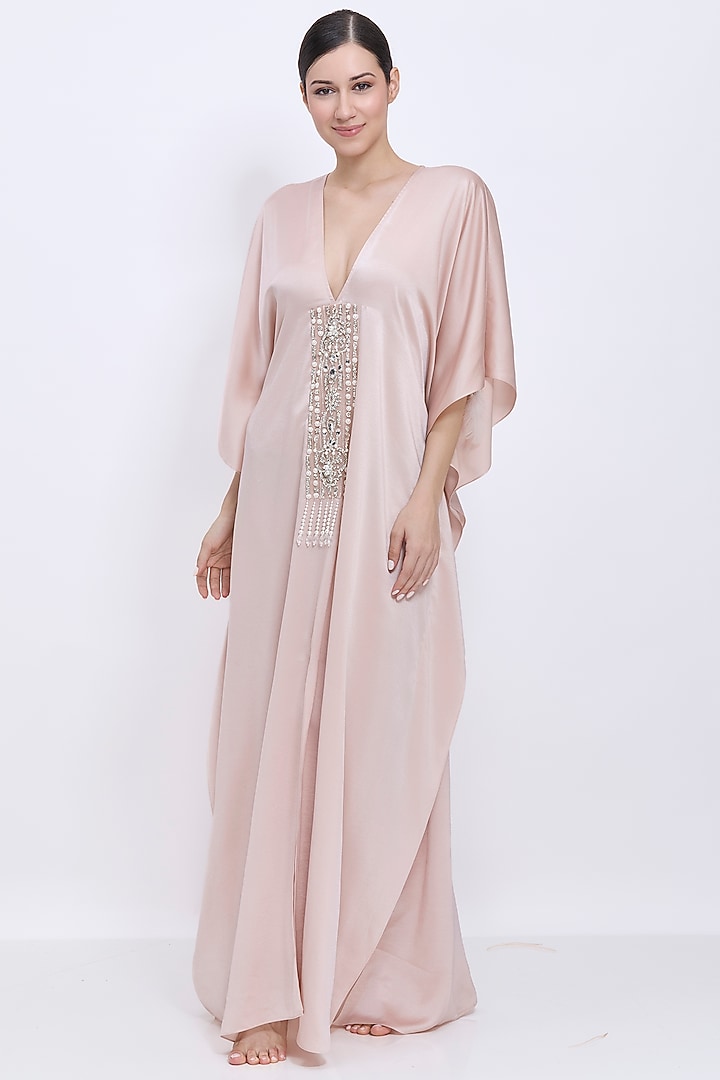 Light Mushroom-Colored Blended Satin Hand Embroidered Kaftan With Belt by Dilnaz Karbhary at Pernia's Pop Up Shop