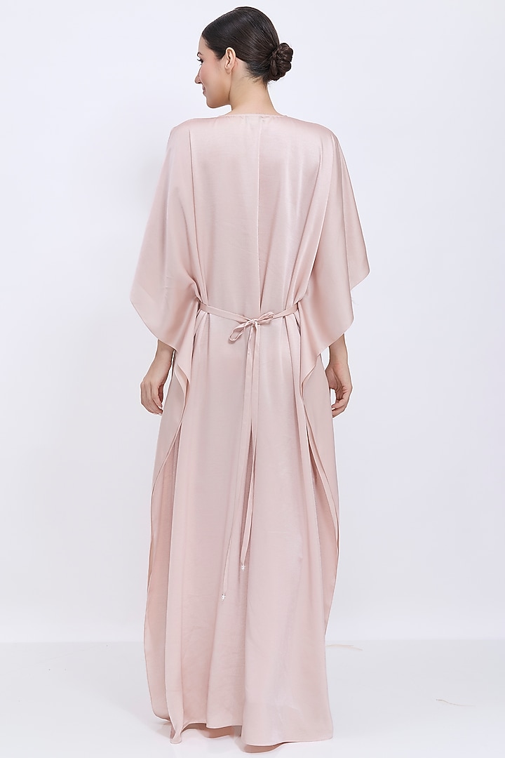 Light Mushroom-Colored Blended Satin Hand Embroidered Kaftan With Belt by Dilnaz Karbhary at Pernia's Pop Up Shop