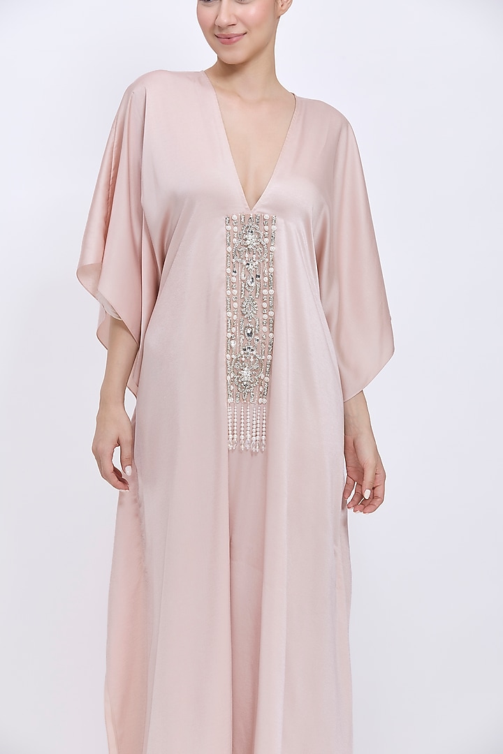 Light Mushroom-Colored Blended Satin Hand Embroidered Kaftan With Belt by Dilnaz Karbhary at Pernia's Pop Up Shop