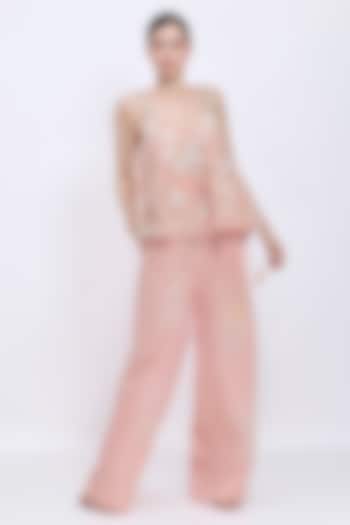 Dusty Pink Blended Linen Hand Embroidered Trousers by Dilnaz Karbhary at Pernia's Pop Up Shop