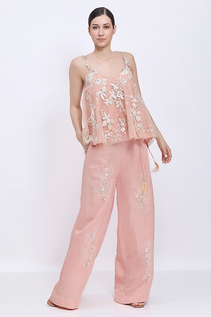 Dusty Pink Blended Linen Hand Embroidered Trousers by Dilnaz Karbhary at Pernia's Pop Up Shop