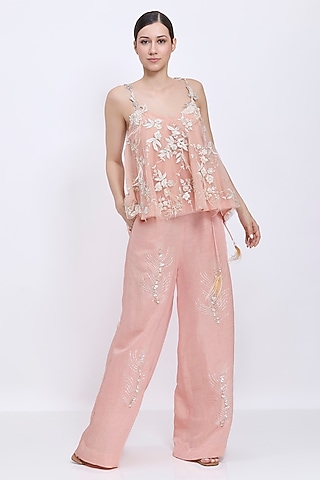 Dusty Pink Blended Linen Hand Embroidered Trousers by Dilnaz Karbhary