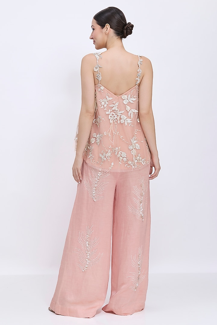 Dusty Pink Blended Linen Hand Embroidered Trousers by Dilnaz Karbhary at Pernia's Pop Up Shop