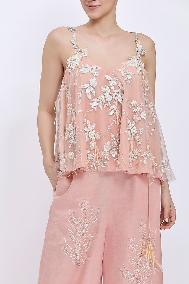 Dusty Pink Blended Linen Hand Embroidered Trousers by Dilnaz Karbhary at Pernia's Pop Up Shop