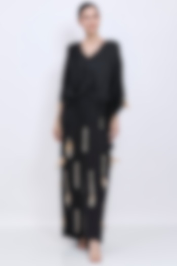 Black Blended Satin Hand Embroidered Draped Jumpsuit With Kaftan by Dilnaz Karbhary at Pernia's Pop Up Shop