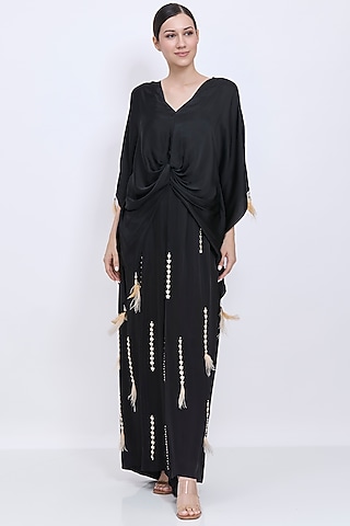 Black Blended Satin Hand Embroidered Draped Jumpsuit With Kaftan by Dilnaz Karbhary
