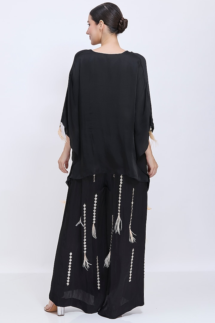 Black Blended Satin Hand Embroidered Draped Jumpsuit With Kaftan by Dilnaz Karbhary at Pernia's Pop Up Shop