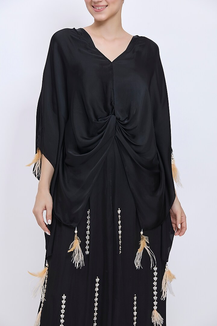 Black Blended Satin Hand Embroidered Draped Jumpsuit With Kaftan by Dilnaz Karbhary at Pernia's Pop Up Shop