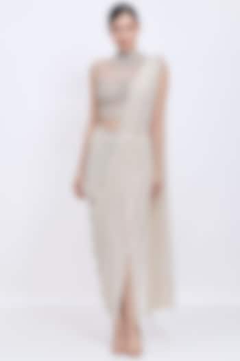 Champagne Net & Blended Georgette Pre-Stitched Reception Saree Set by Dilnaz Karbhary at Pernia's Pop Up Shop