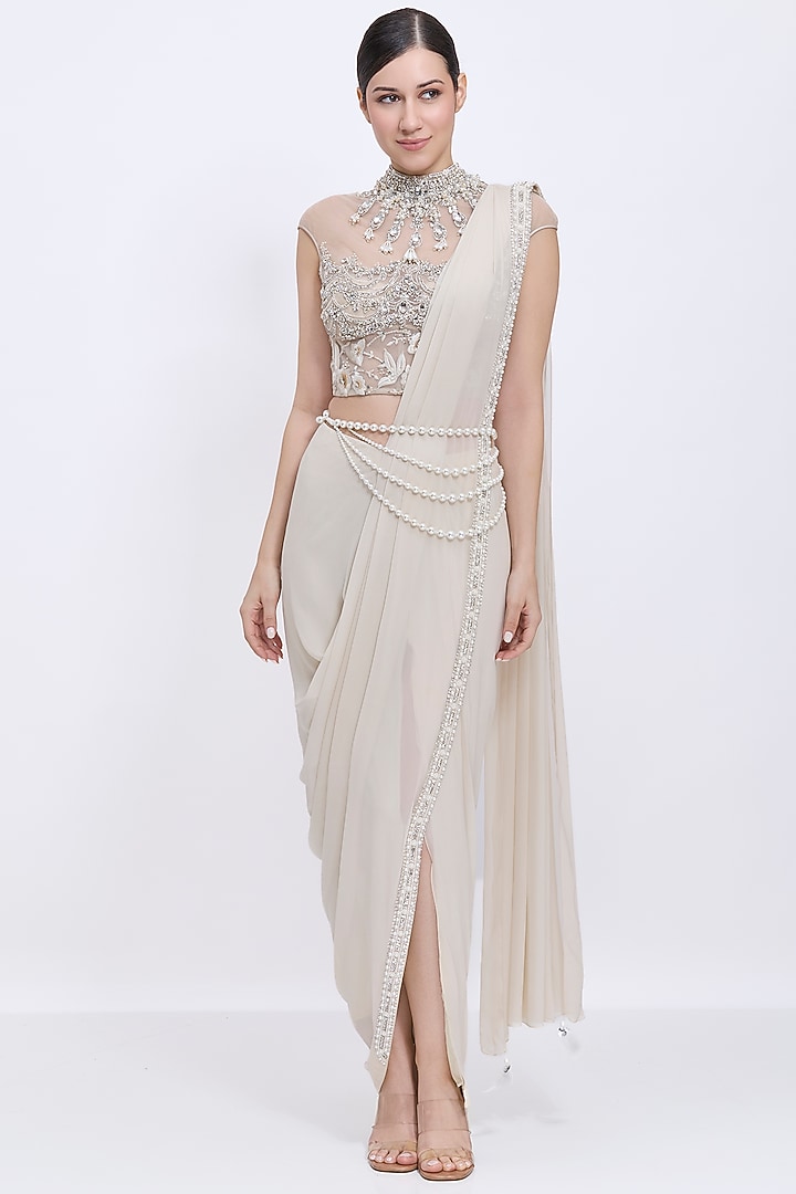 Champagne Net & Blended Georgette Pre-Stitched Reception Saree Set by Dilnaz Karbhary at Pernia's Pop Up Shop