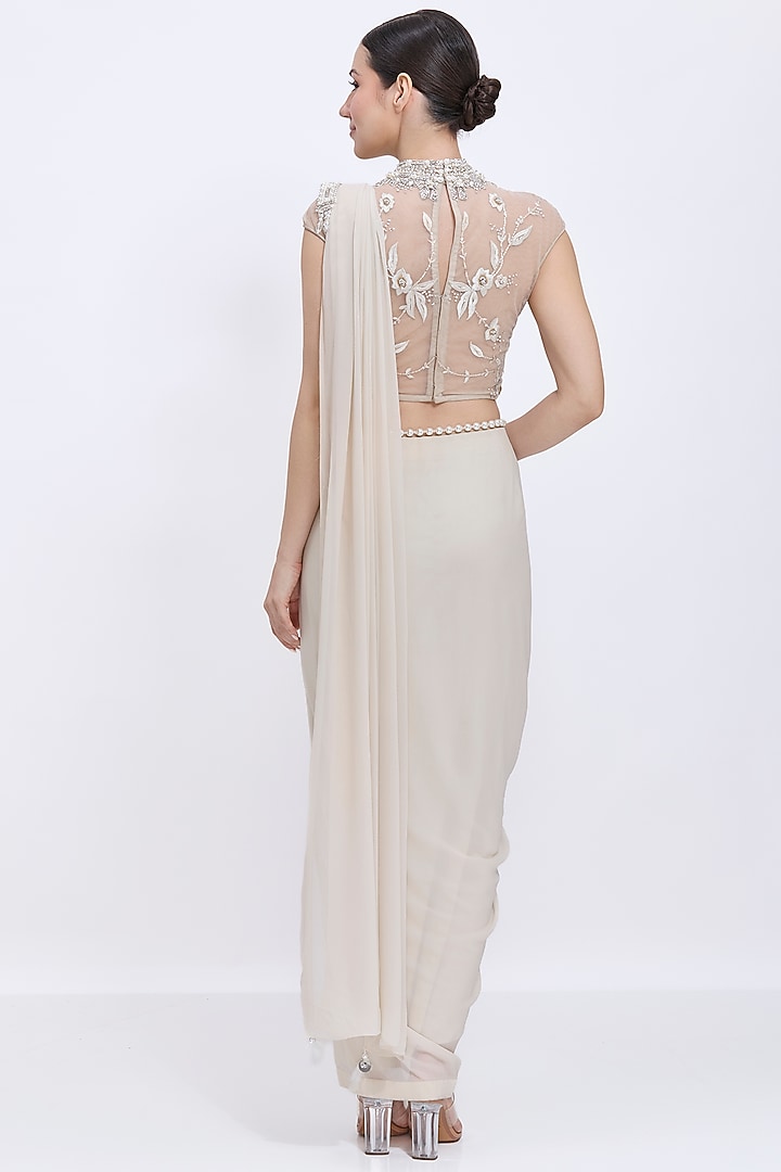 Champagne Net & Blended Georgette Pre-Stitched Reception Saree Set by Dilnaz Karbhary at Pernia's Pop Up Shop