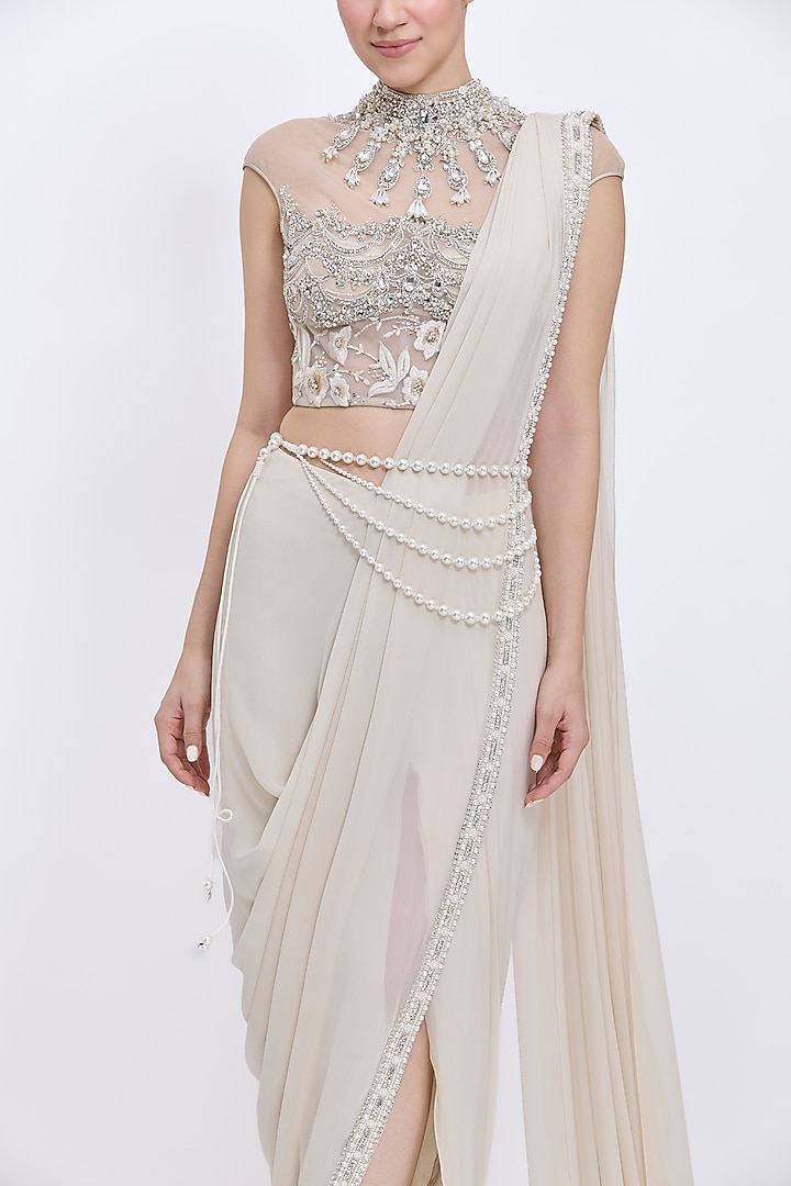 Champagne Net & Blended Georgette Pre-Stitched Reception Saree Set by Dilnaz Karbhary at Pernia's Pop Up Shop