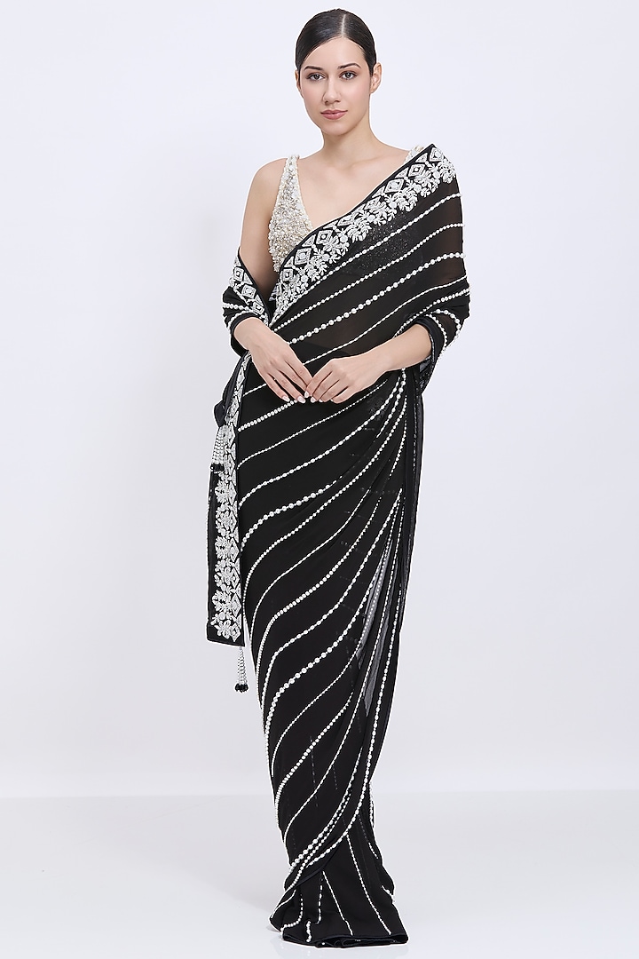 Black Blended Georgette & Polyester Satin Embroidered Pre-Stitched Reception Saree by Dilnaz Karbhary at Pernia's Pop Up Shop