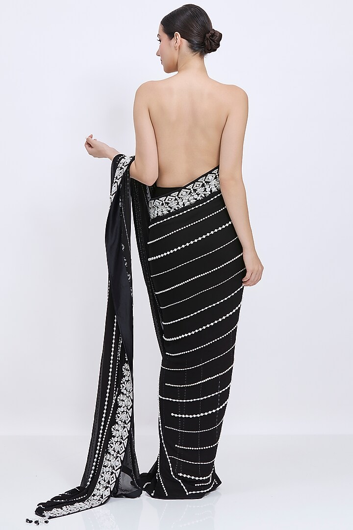 Black Blended Georgette & Polyester Satin Embroidered Pre-Stitched Reception Saree by Dilnaz Karbhary at Pernia's Pop Up Shop