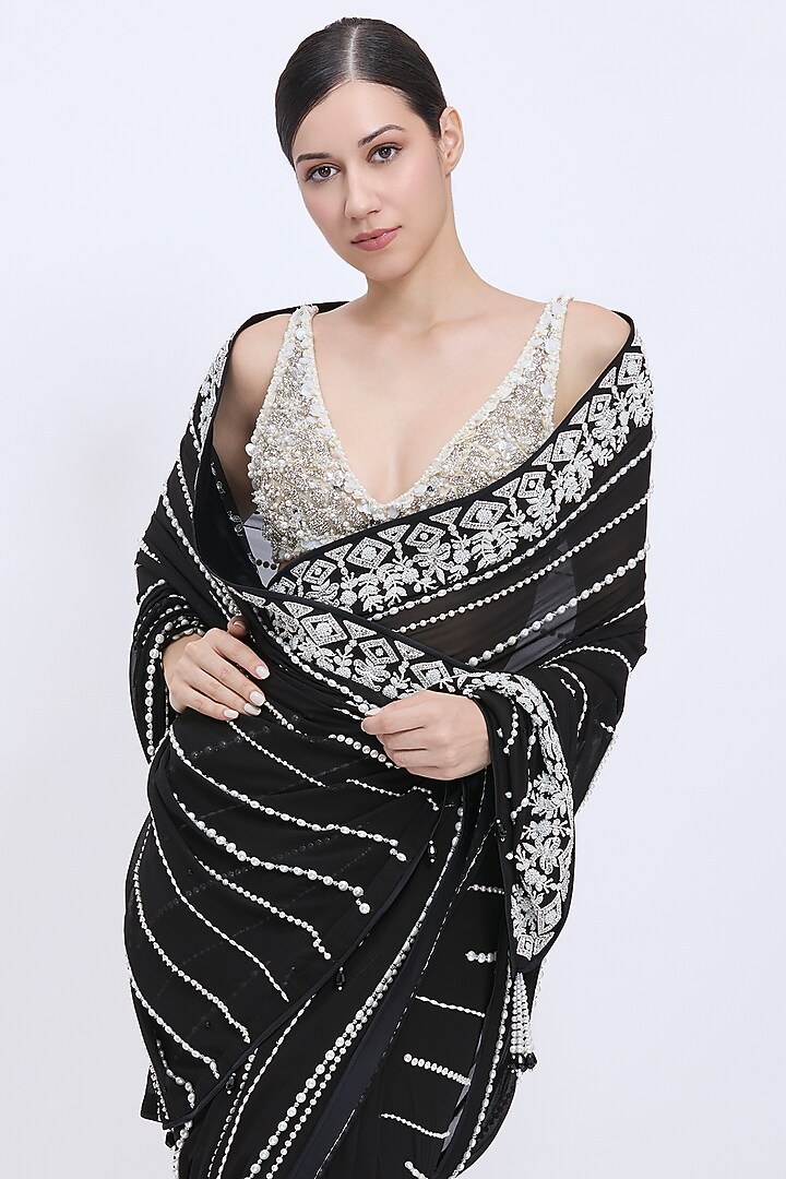 Black Blended Georgette & Polyester Satin Embroidered Pre-Stitched Reception Saree by Dilnaz Karbhary at Pernia's Pop Up Shop