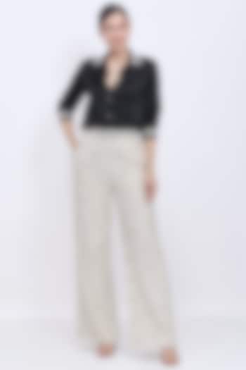 Ivory Polyester Satin & Tweed Hand Embroidered Trousers by Dilnaz Karbhary at Pernia's Pop Up Shop