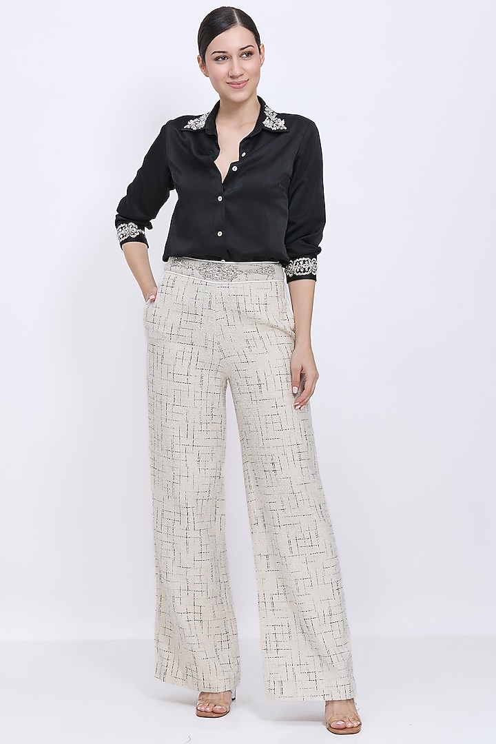 Ivory Polyester Satin & Tweed Hand Embroidered Trousers by Dilnaz Karbhary at Pernia's Pop Up Shop