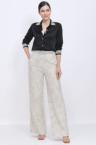Ivory Polyester Satin & Tweed Hand Embroidered Trousers by Dilnaz Karbhary