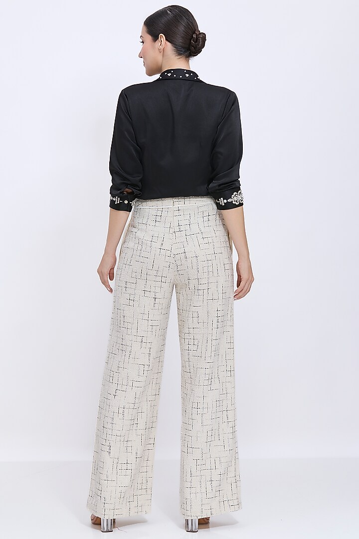Ivory Polyester Satin & Tweed Hand Embroidered Trousers by Dilnaz Karbhary at Pernia's Pop Up Shop