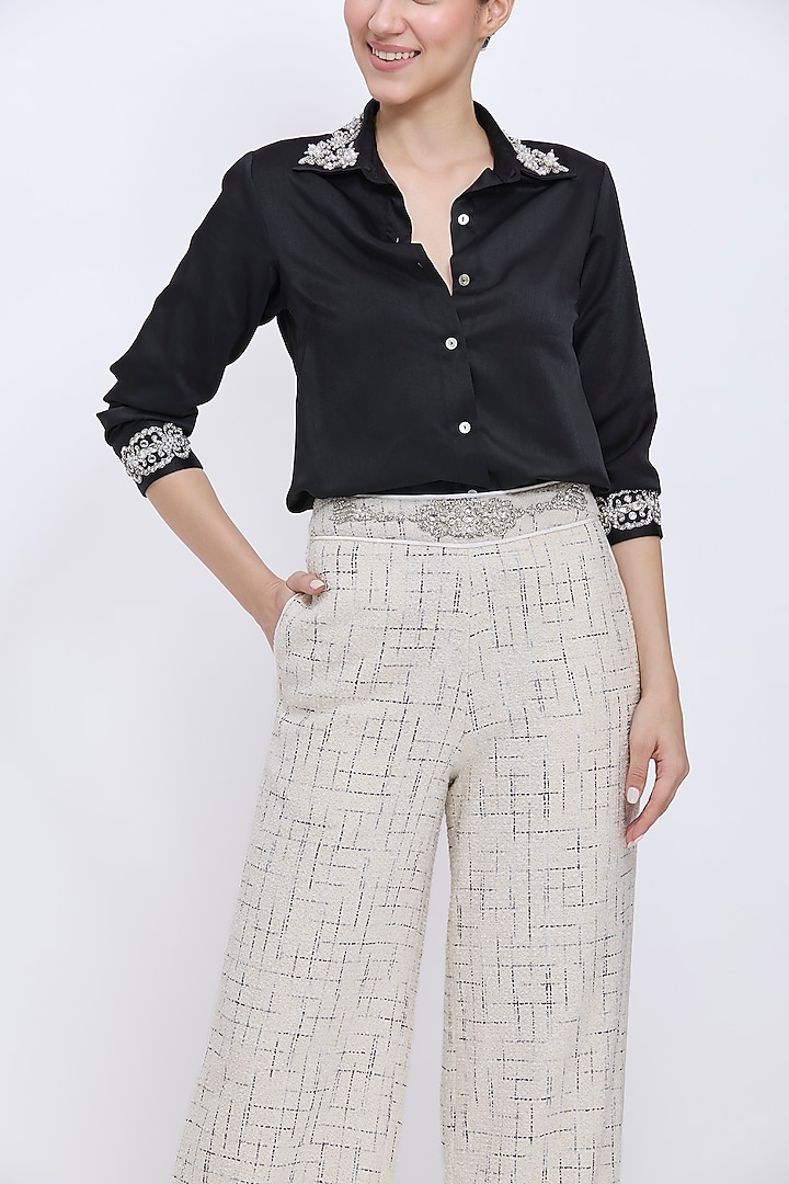 Ivory Polyester Satin & Tweed Hand Embroidered Trousers by Dilnaz Karbhary at Pernia's Pop Up Shop