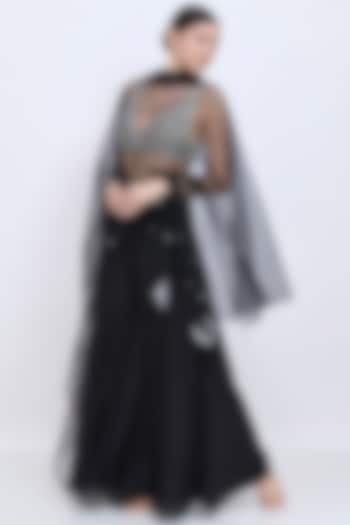 Black Blended Chiffon Gharara Set by Dilnaz Karbhary at Pernia's Pop Up Shop