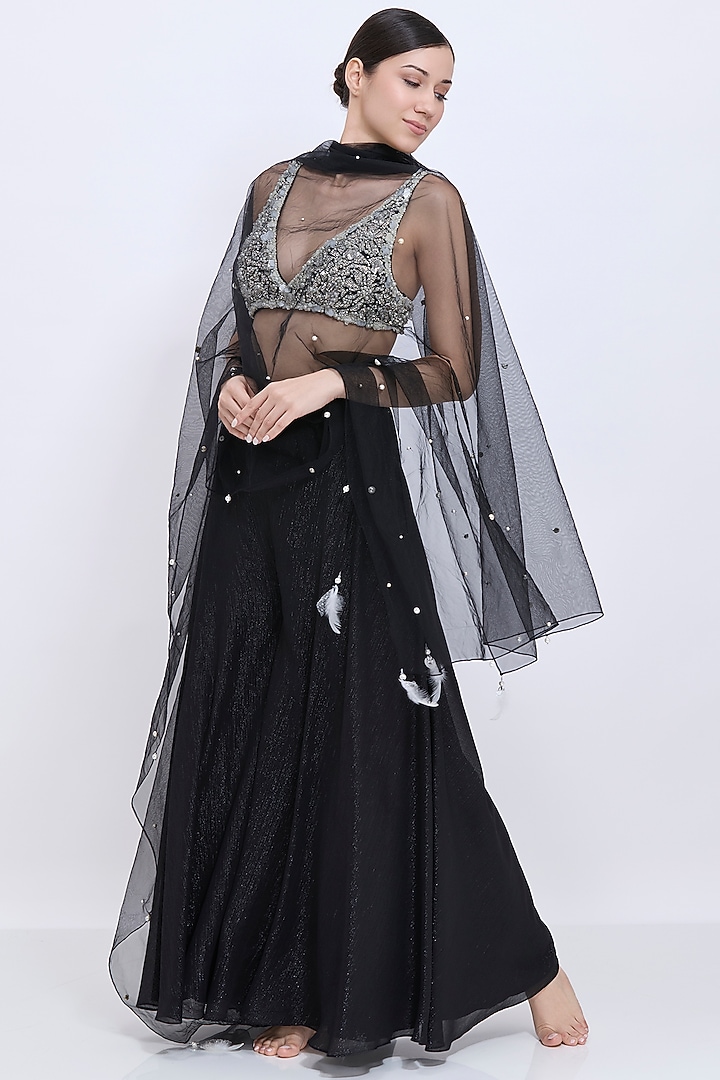 Black Blended Chiffon Gharara Set by Dilnaz Karbhary at Pernia's Pop Up Shop