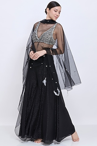 Black Blended Chiffon Gharara Set by Dilnaz Karbhary