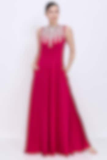 Ruby Pink Silk Chamois & Polyester Satin Hand Embroidered Engagement Gown by Dilnaz Karbhary at Pernia's Pop Up Shop