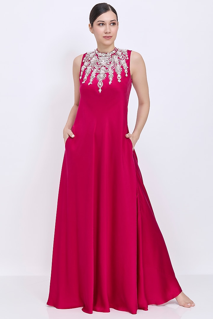 Ruby Pink Silk Chamois & Polyester Satin Hand Embroidered Engagement Gown by Dilnaz Karbhary at Pernia's Pop Up Shop