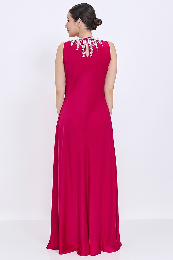 Ruby Pink Silk Chamois & Polyester Satin Hand Embroidered Engagement Gown by Dilnaz Karbhary at Pernia's Pop Up Shop