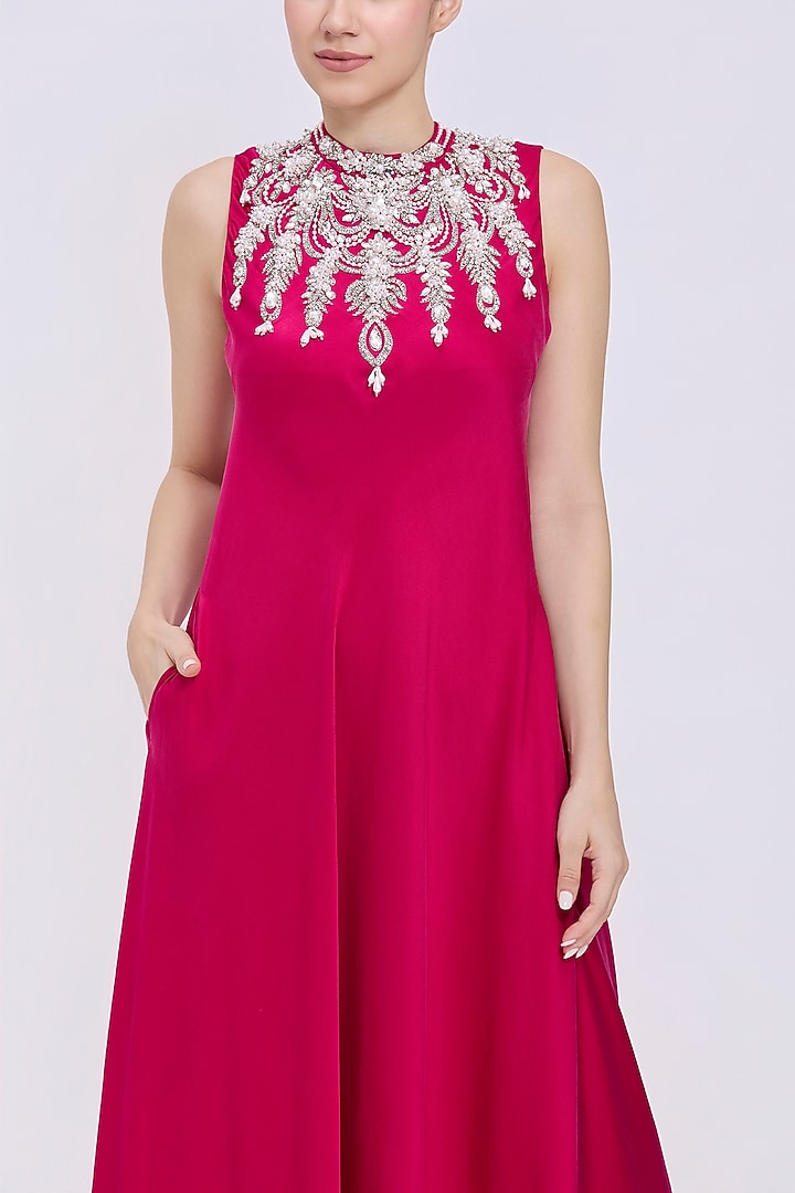 Ruby Pink Silk Chamois & Polyester Satin Hand Embroidered Engagement Gown by Dilnaz Karbhary at Pernia's Pop Up Shop