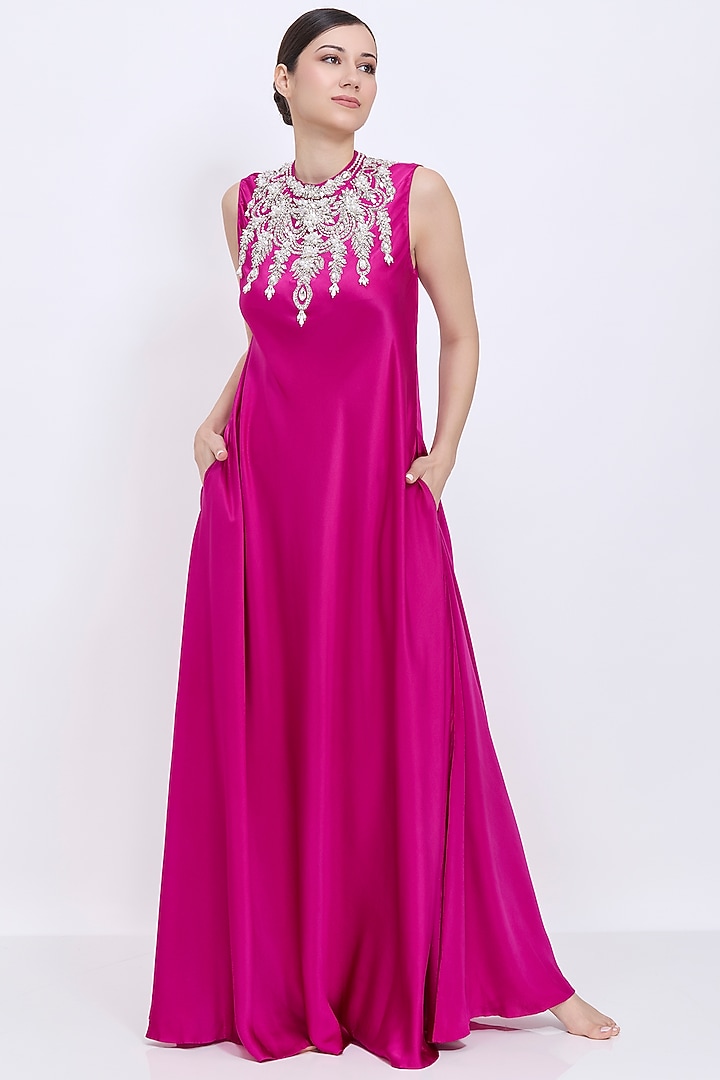 Jamun-Colored Silk Chamois & Polyester Satin Hand Embroidered Engagement Gown by Dilnaz Karbhary at Pernia's Pop Up Shop
