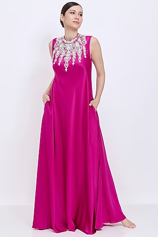 Jamun-Colored Silk Chamois & Polyester Satin Hand Embroidered Gown by Dilnaz Karbhary