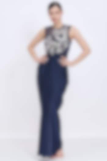 Navy Blue Blended Satin & Polyester Satin Embroidered Draped Engagement Gown by Dilnaz Karbhary at Pernia's Pop Up Shop