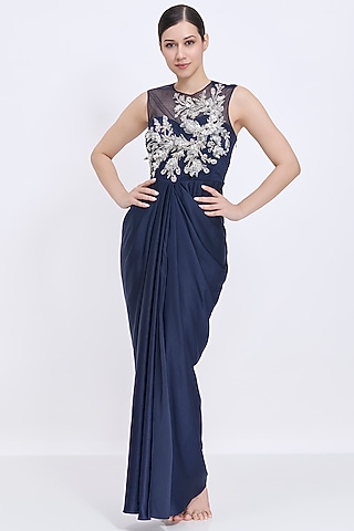 Navy Blue Blended Satin & Polyester Satin Embroidered Draped Gown by Dilnaz Karbhary