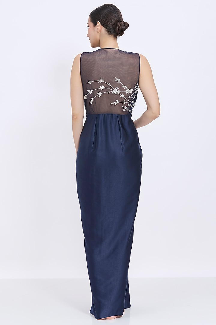 Navy Blue Blended Satin & Polyester Satin Embroidered Draped Engagement Gown by Dilnaz Karbhary at Pernia's Pop Up Shop