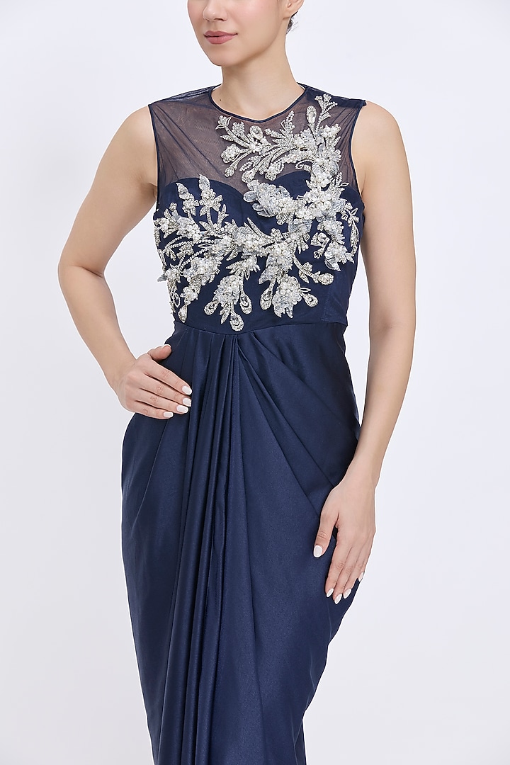 Navy Blue Blended Satin & Polyester Satin Embroidered Draped Engagement Gown by Dilnaz Karbhary at Pernia's Pop Up Shop