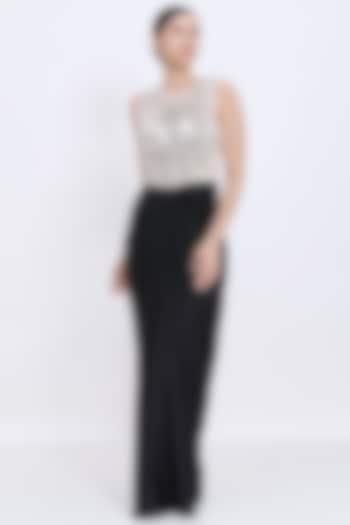 Ivory-Black Blended Satin & Polyester Satin Embroidered Draped Engagement Gown by Dilnaz Karbhary at Pernia's Pop Up Shop