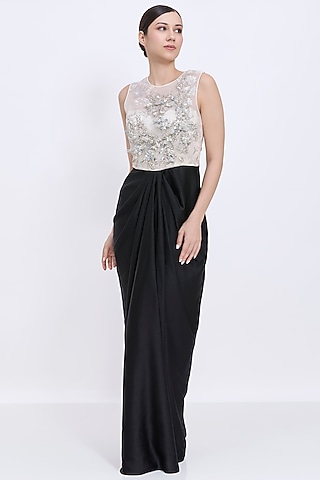 Ivory-Black Blended Satin & Polyester Satin Embroidered Draped Gown by Dilnaz Karbhary