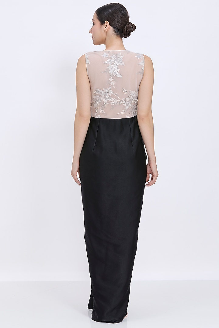 Ivory-Black Blended Satin & Polyester Satin Embroidered Draped Engagement Gown by Dilnaz Karbhary at Pernia's Pop Up Shop